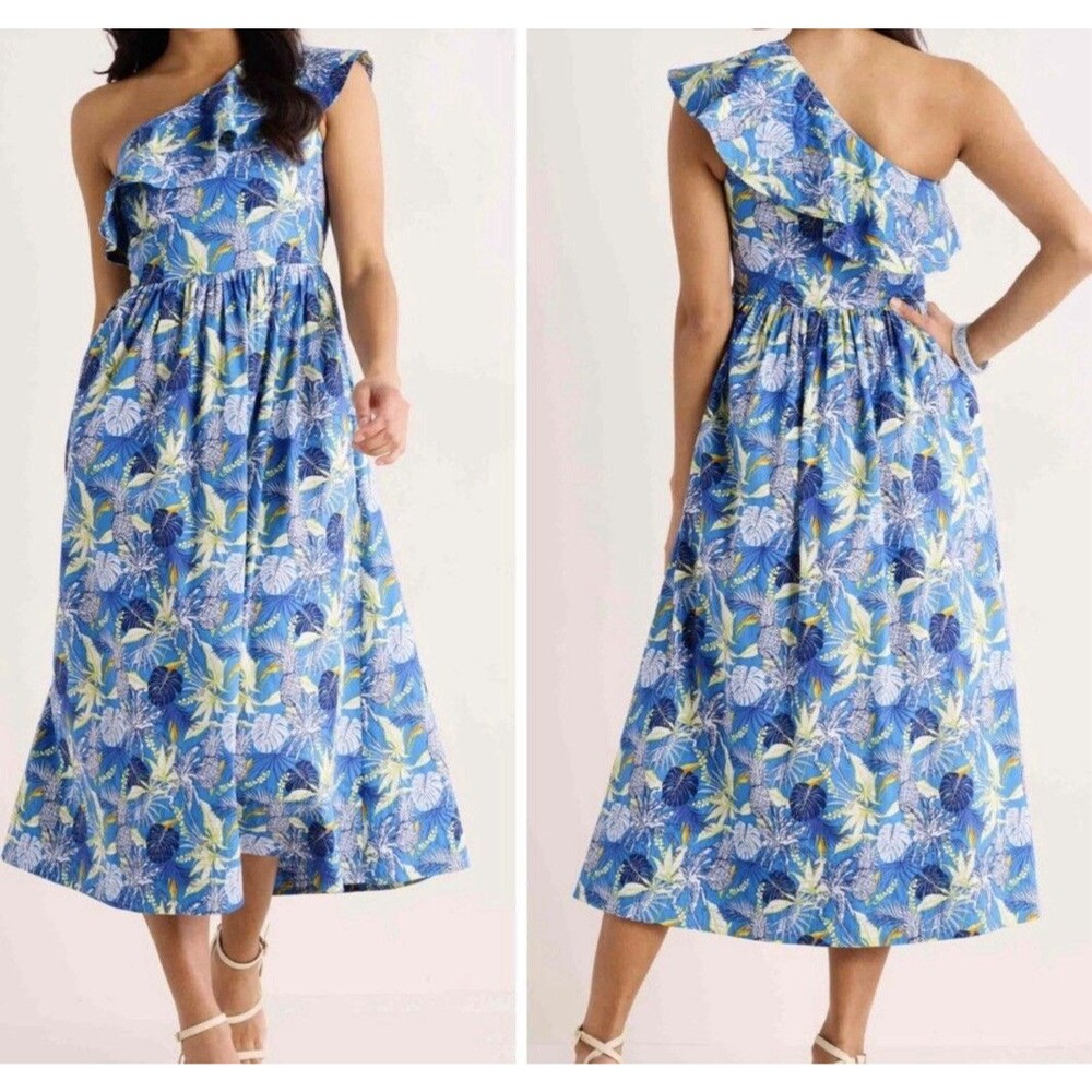 NWT Avara 'Nita' One Shoulder Ruffled Blue Floral Vacation Midi Dress Womens S
